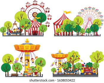Four scenes of circus with many rides illustration