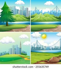 four scenes of cities and parks
