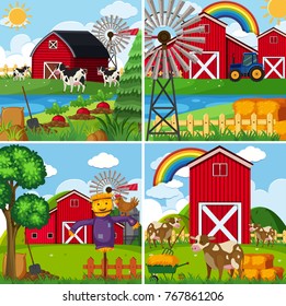 Four scenes with cows and barns illustration