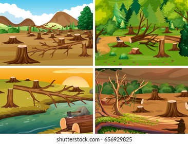 Four Scenes Of Deforestation Illustration