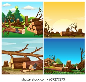 Cuatro escenas de ilustración de la deforestación