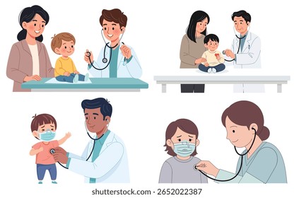Four scenes depict doctors examining children with stethoscopes, some with parental support, showcasing pediatric healthcare and medical checkups.