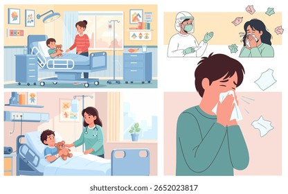 Quatro cenas retratando o cuidado hospitalar para crianças e adultos, mostrando momentos reconfortantes, doença e medidas de proteção.