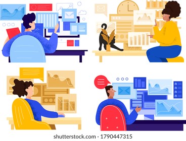 Four scenes depicting office workers with a women and men sitting analysing charts at their desks, colored vector illustration