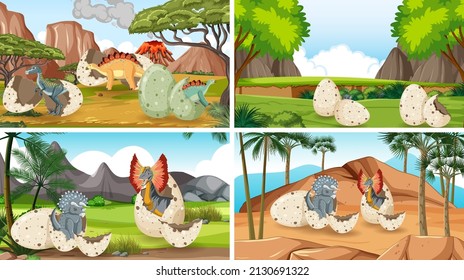 Four scenes with dinosaur eggs in the field illustration