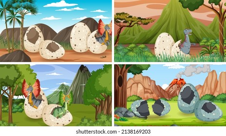 Four scenes with dinosaur eggs in forest illustration