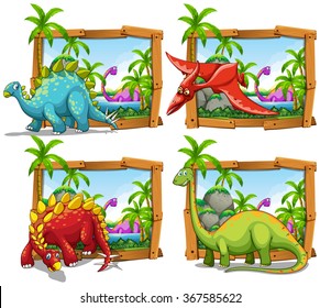 Four scenes of dinosaurs by the lake illustration