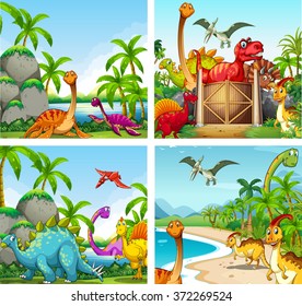 Four Scenes Of Dinosaurs In The Park Illustration