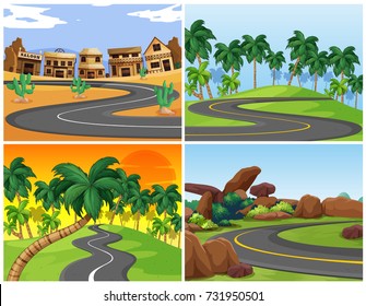 Four scenes with empty roads illustration