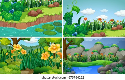 Quatro cenas com flores na ilustração do jardim