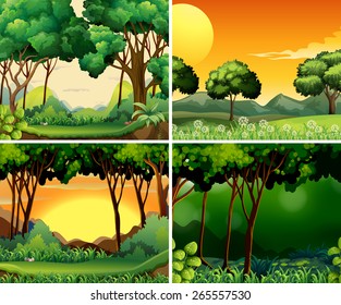 Four scenes of forest at day and night time