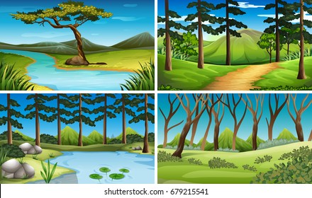 Cuatro escenas de ilustración de bosques y ríos
