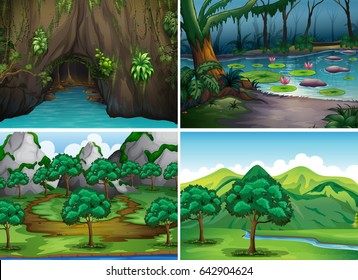 Four scenes of forests illustration