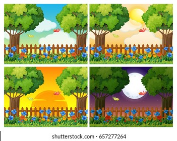 Four scenes of garden at different times illustration