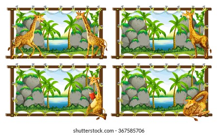 Four scenes of giraffe by the lake illustration