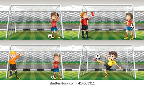 Four scenes of goalkeepers in the field illustration