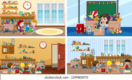 Four scenes with kids in different rooms illustration