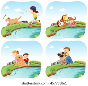 Four scenes with kids and dogs illustration