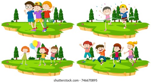 Four scenes of kids playing games in park illustration