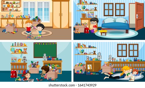 Four scenes with kids playing and reading in different rooms illustration