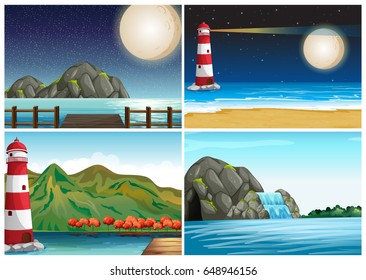 Four scenes with lighthouse and ocean illustration