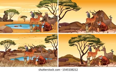 Four scenes with many animals in the field illustration