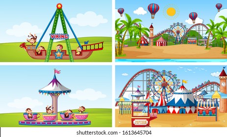 Four scenes with many rides in the fun fair illustration