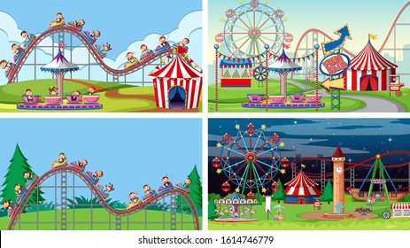 Four scenes with many rides in the fun fair illustration