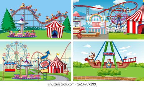 Four scenes with many rides in the fun fair illustration