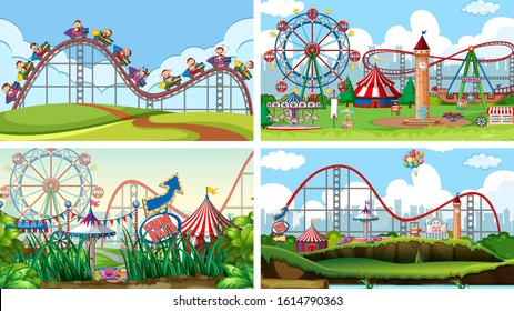 Four scenes with many rides in the fun fair illustration