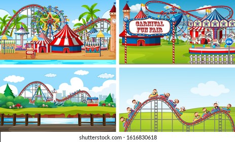 Cuatro escenas con muchos paseos en la divertida ilustración