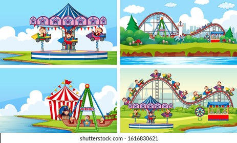 Four scenes with many rides in the fun fair illustration