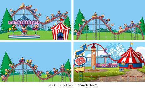 Four scenes with many rides in the fun fair illustration