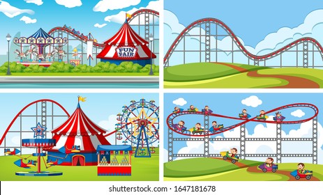 Four scenes with many rides in the fun fair illustration