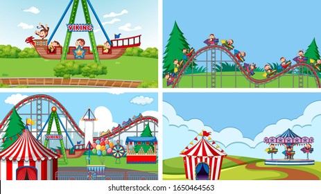 Cuatro escenas con muchos paseos en la divertida ilustración
