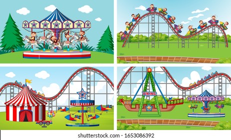 Four scenes with many rides in the fun fair illustration