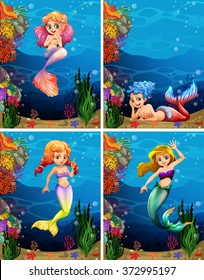 Four scenes of mermaid swimming under the sea illustration