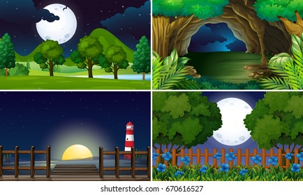 Four scenes at night time illustration