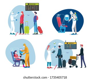 Four scenes with passengers and specialist with protective suits about the security measures to travel safely in coronavirus time. A medical staff with protective equipment takes the temperature.