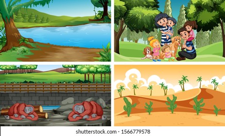 Four scenes with people and animals illustration