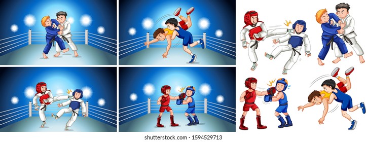 Four scenes of people doing different martial arts illustration