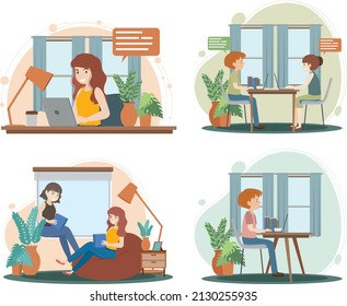 Four scenes with people working from home illustration