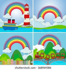 Four scenes with rainbow illustration