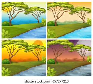 Cuatro escenas del río en la ilustración forestal