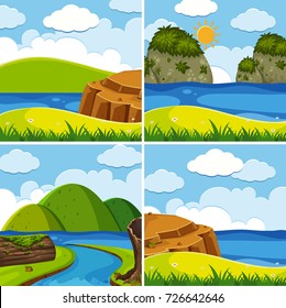 Four scenes of river and lake at day time illustration