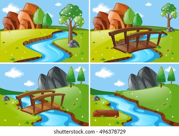 Four scenes with river run through park illustration