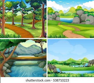 Four scenes with river and tree illustration