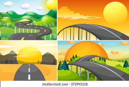 Four scenes of road to the countryside illustration