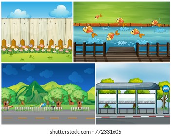 Cuatro escenas con ilustración de carreteras y ríos