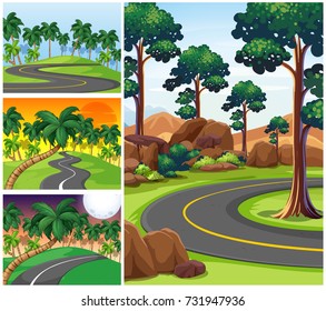 Four scenes with roads and forest illustration